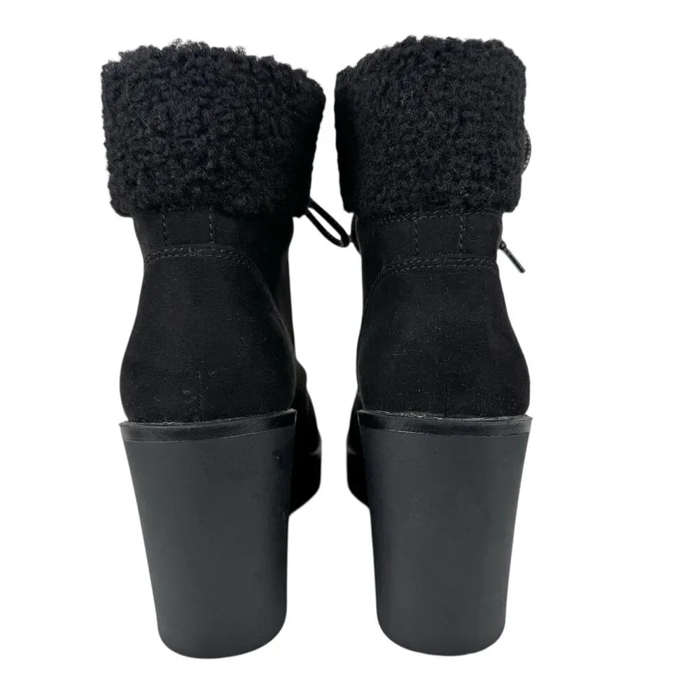 Esprit Roxy Womens Suede Wedge Faux Fur Ankle Bootie 7M‎ Black Lace Up Cozy